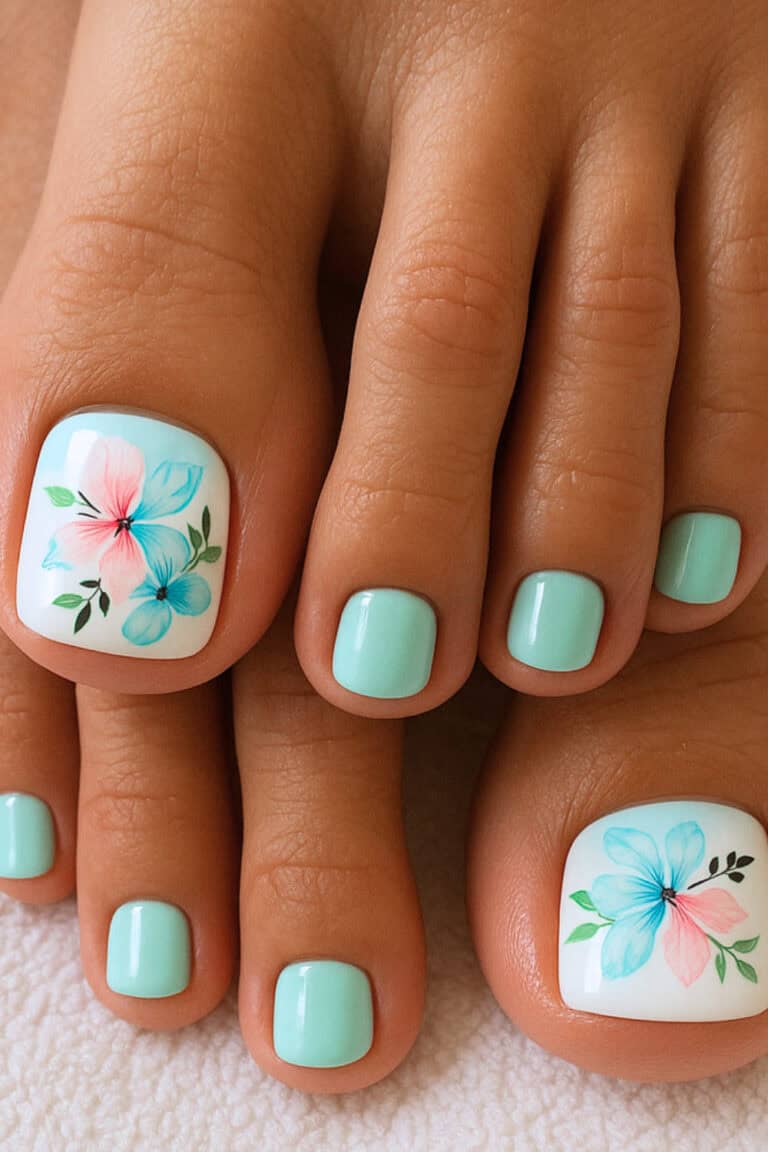 Mint Green Watercolor Floral Toe Nails Mint Green Watercolor Floral Toe Nails — Vacation Toe Nails 2027