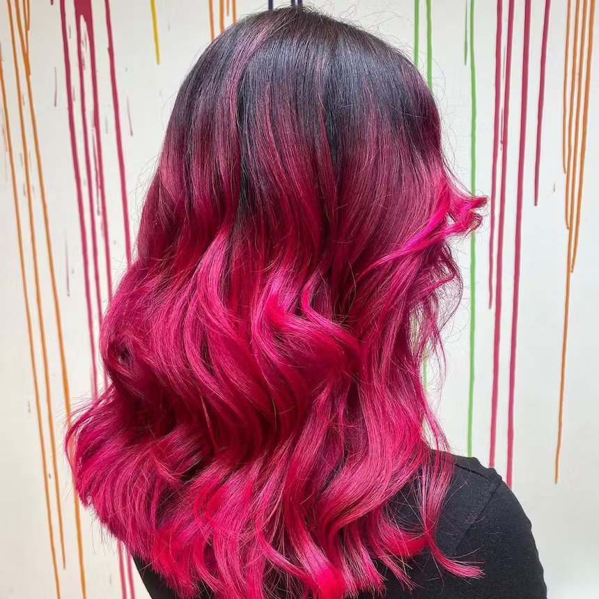 Dark Brown to Hot Pink Ombre Collarbone Waves — Pink Hair