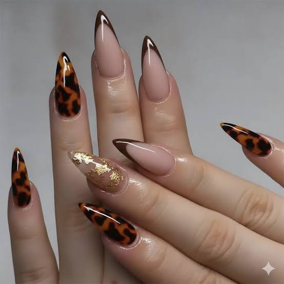 Shimmer Brown Long Almond Nails — Brown Nail Designs