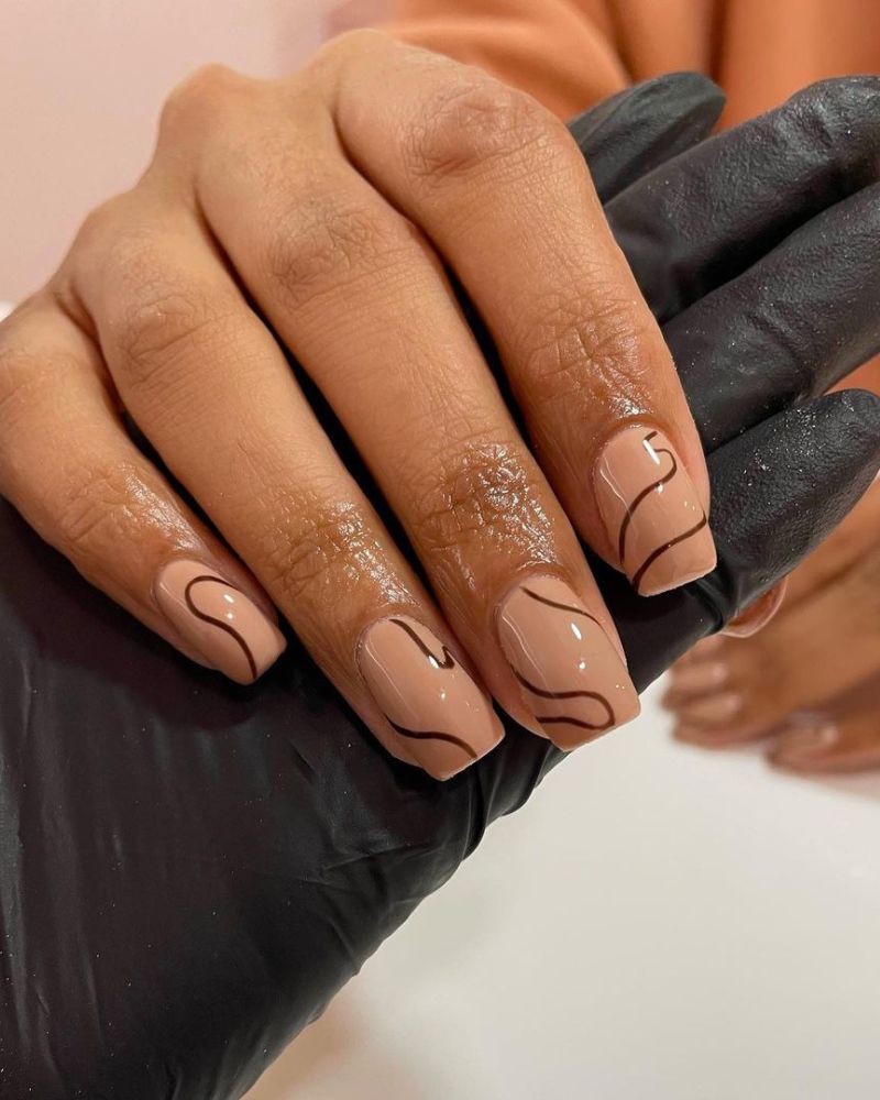 Nude Nails with Dark Brown Swirls — Brown Nail Designs