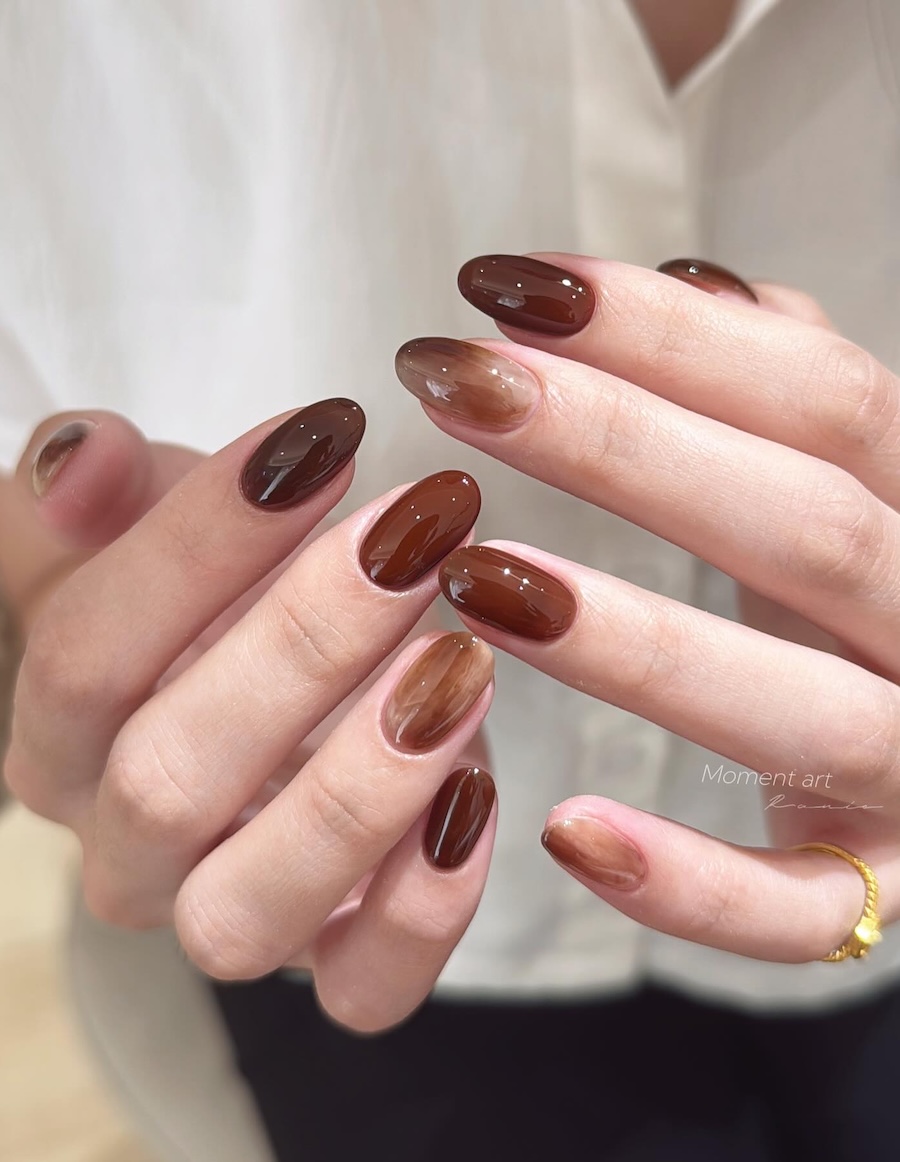 Sheer Nude to Brown Gradient Oval Nails — Brown Nail Designs