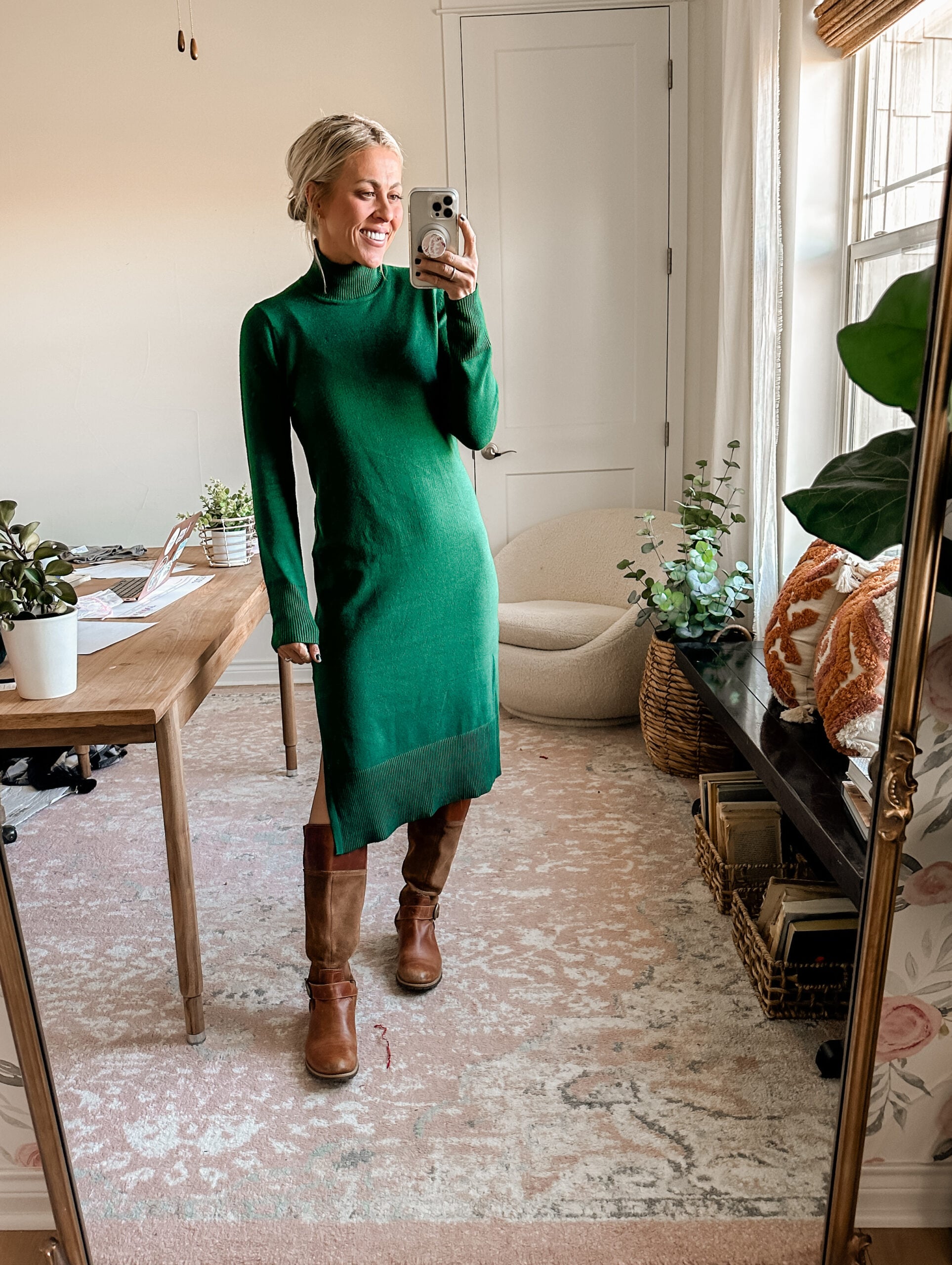 Emerald Green Turtleneck Sweater Dress with Brown Boots Emerald Green Turtleneck Sweater Dress with Brown Boots — Sweater Dress Outfits 2027