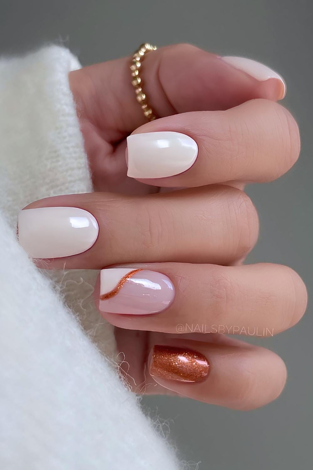 Milky White with Rose Gold Line — Simple Thanksgiving Nails 2026