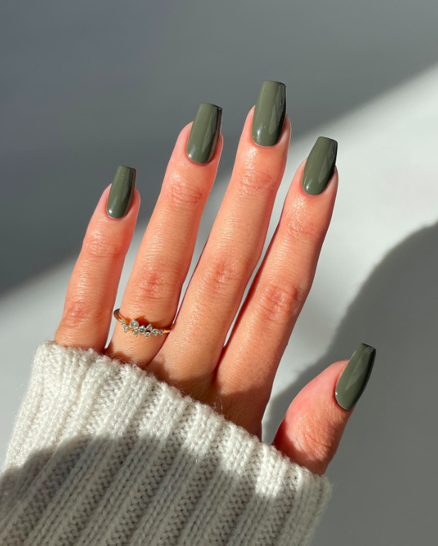 Solid Glossy Olive Green — Simple Thanksgiving Nails 2026