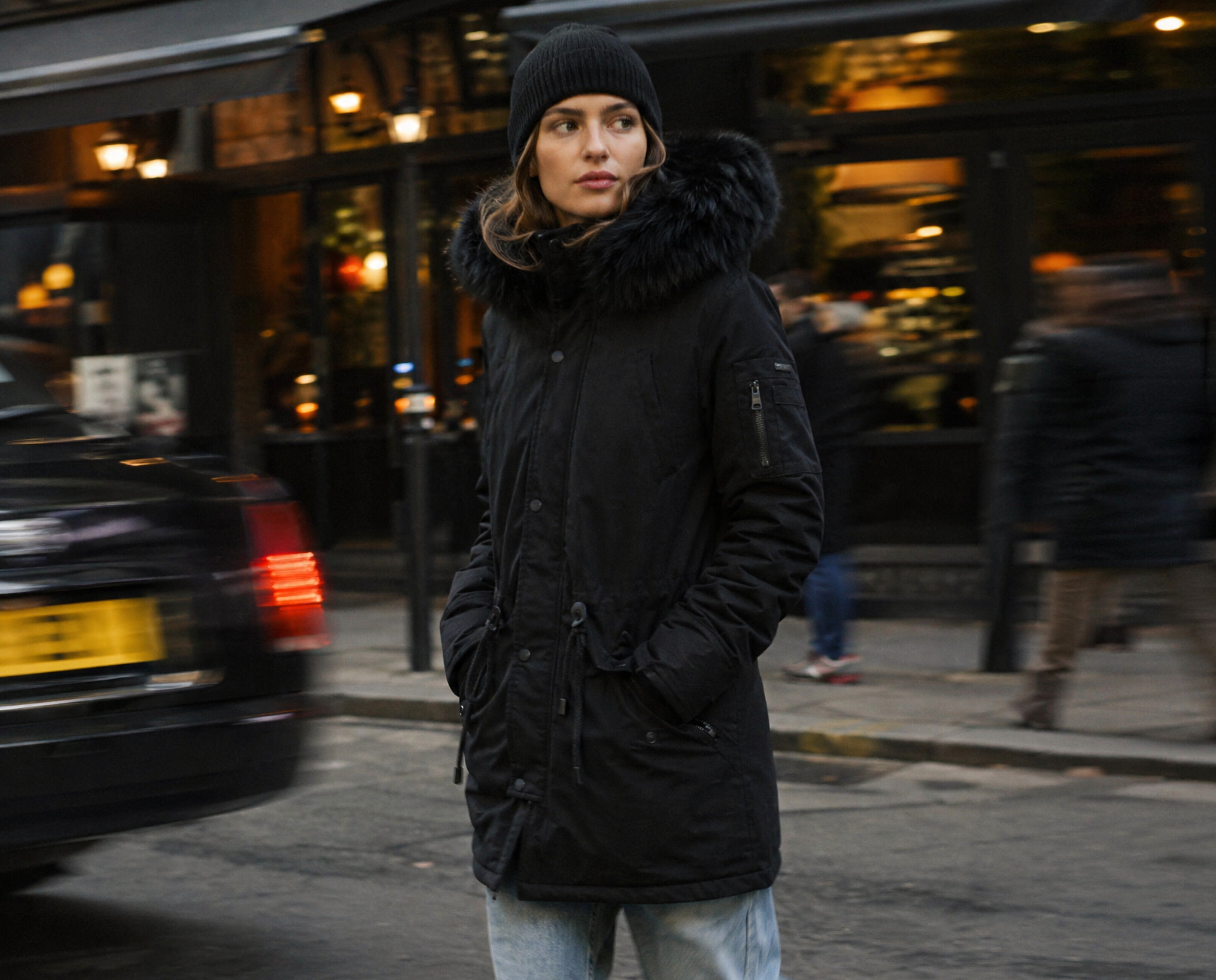 Classic Black Parka with Fur-Trimmed Hood and Blue Jeans Classic Black Parka with Fur-Trimmed Hood and Blue Jeans — Parka Outfits