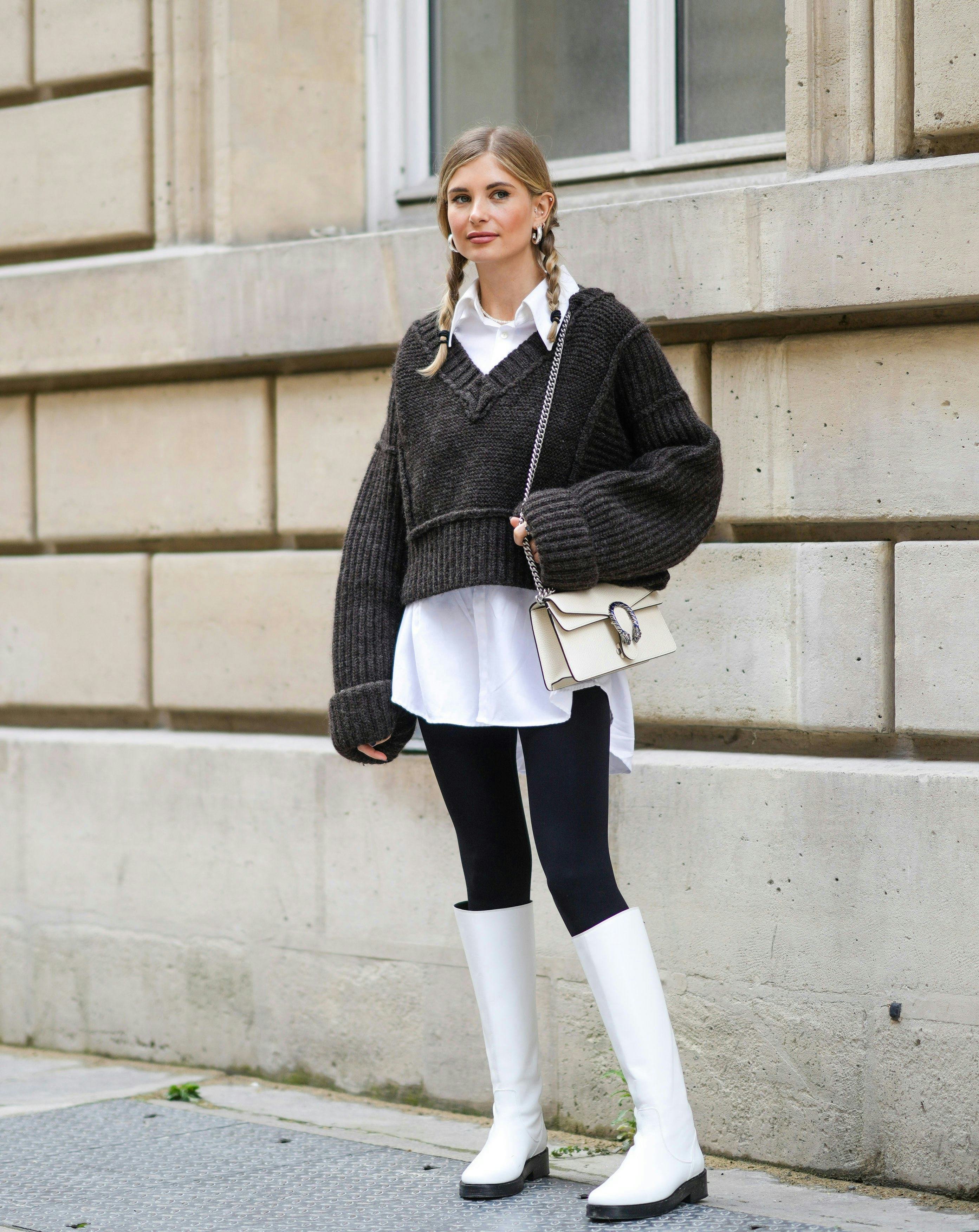 Dark Grey V-Neck Sweater and White Knee-High Boots — Winter Outfits with Leggings