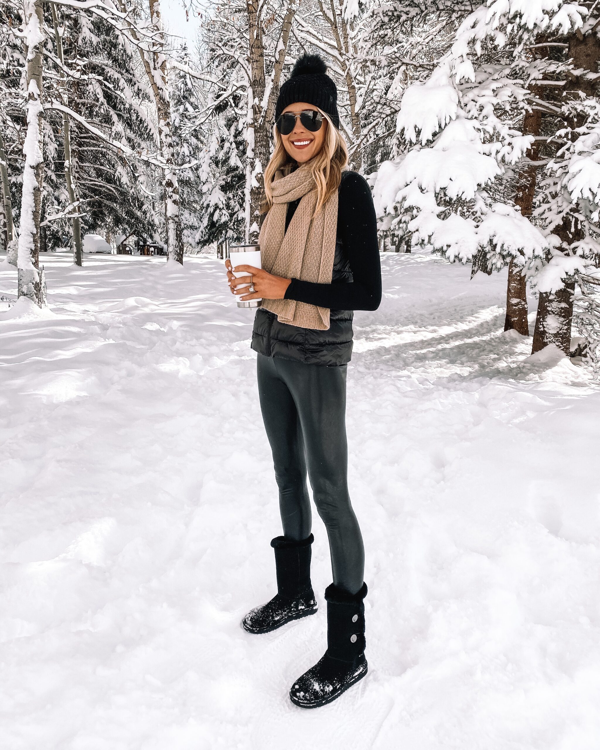 Puffer Vest and Fur-Lined Boots for Snowy Outings — Winter Outfits with Leggings